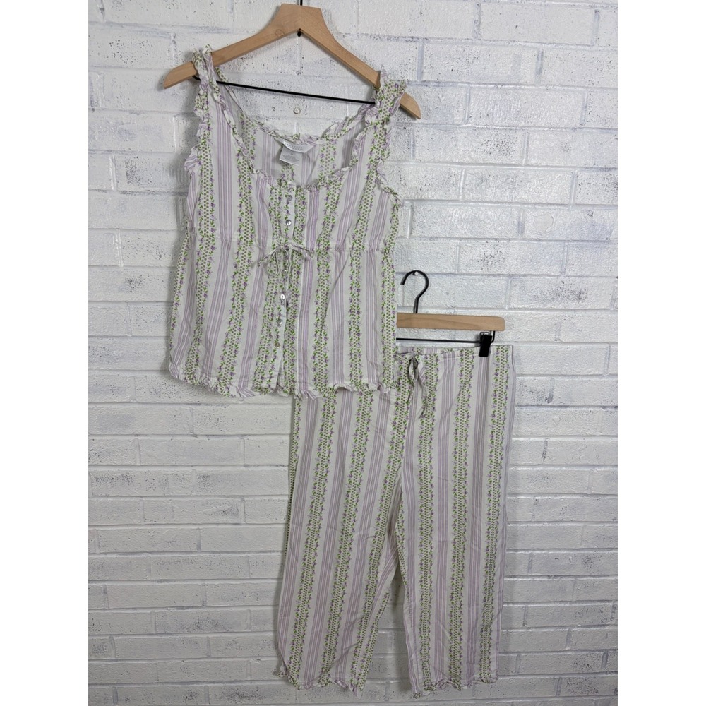 Crabtree & Evelyn Pajama Set Womens M Floral Stripe Capri Sleepwear Cottagecore